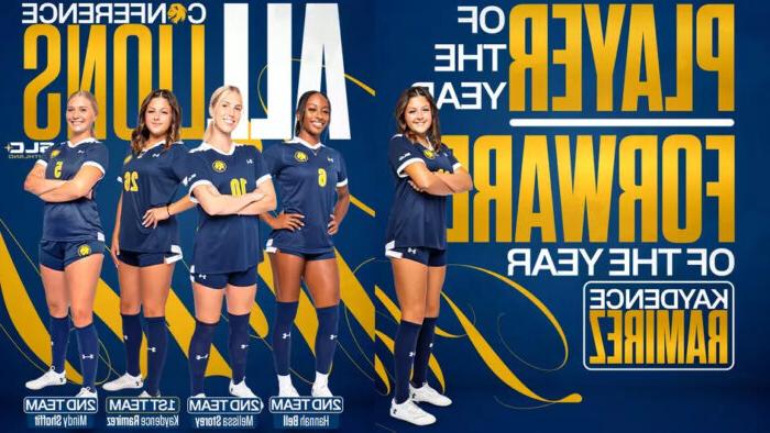 A graphic featuring several soccer players in uniform that reads "Player of the Year and Forward of the Year, Kaydence Ramirez."